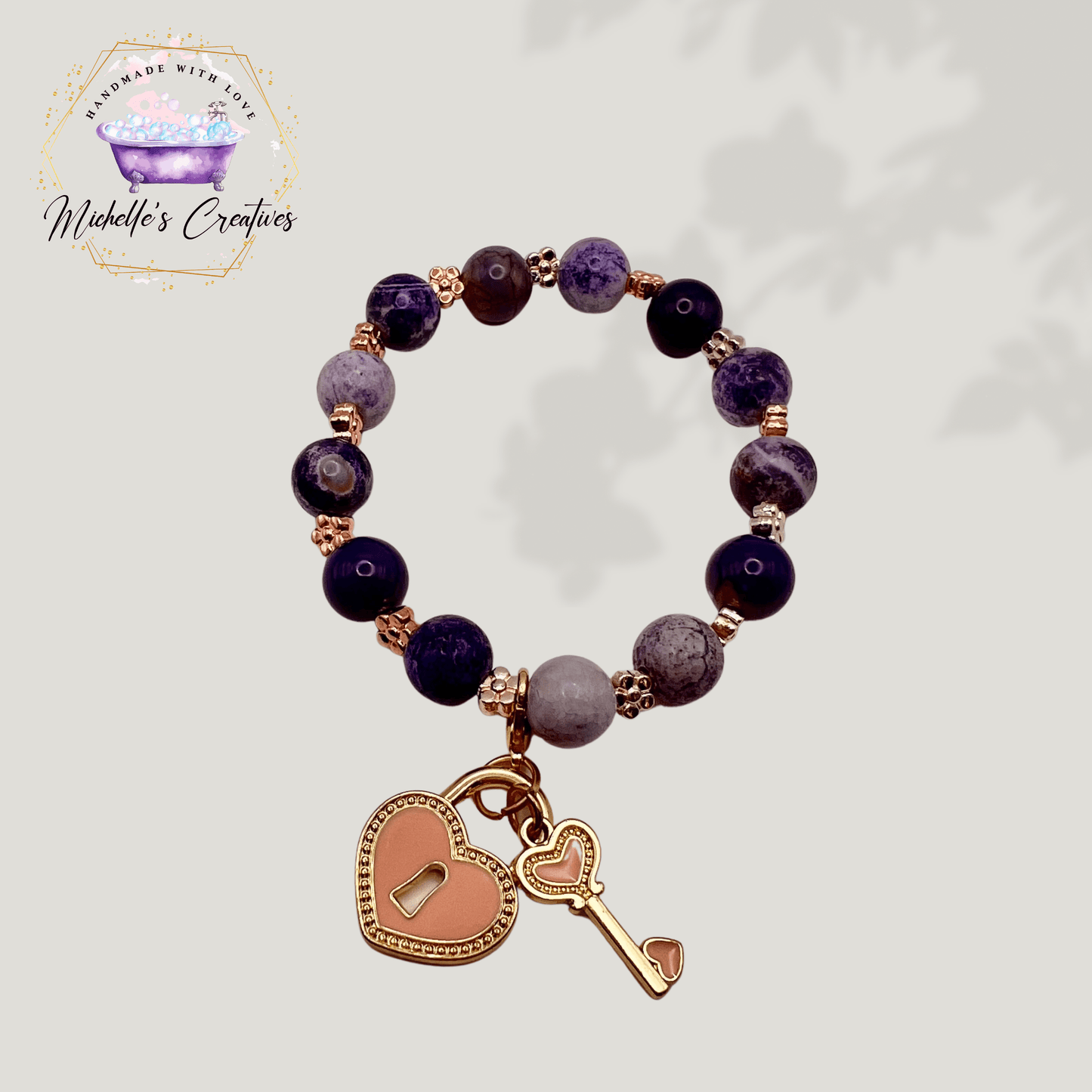 Michelle's Creatives Bracelet Purple Agate Beaded Stretch Bracelet with Lock and Key Charm
