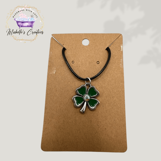 Michelle's Creatives Necklace 20 inch Silver and Green Four Leaf Clover on Black Waxed Cord with Clasp FOUR-LEAF-CLOVER-NECKLACE-20