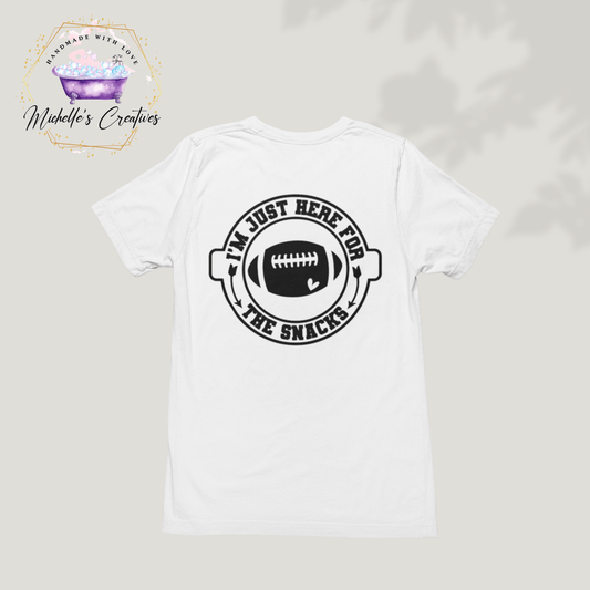 Michelle's Creatives T-shirt Small / White I'm Just Here For The Snacks Football T-shirt Unisex 100% Cotton HERE-FOR-SNACKS-SS-2