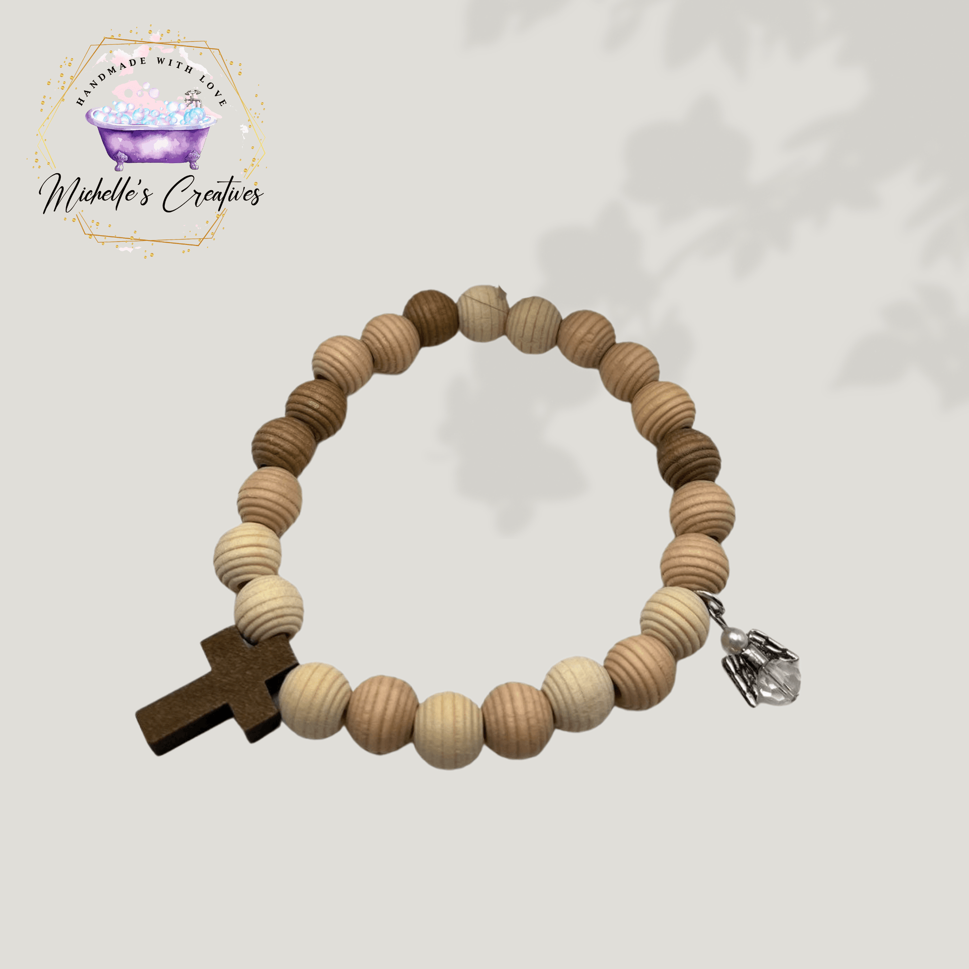 Michelle's Creatives Wood Beaded Cross and Angel Stretch Bracelet