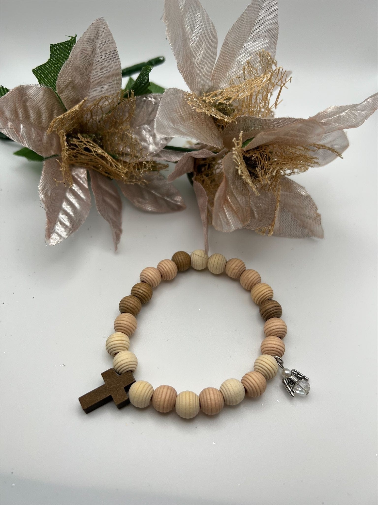 Michelle's Creatives 6 inches Wood Beaded Cross and Angel Stretch Bracelet WOODCROSS-ANG-BRAC6