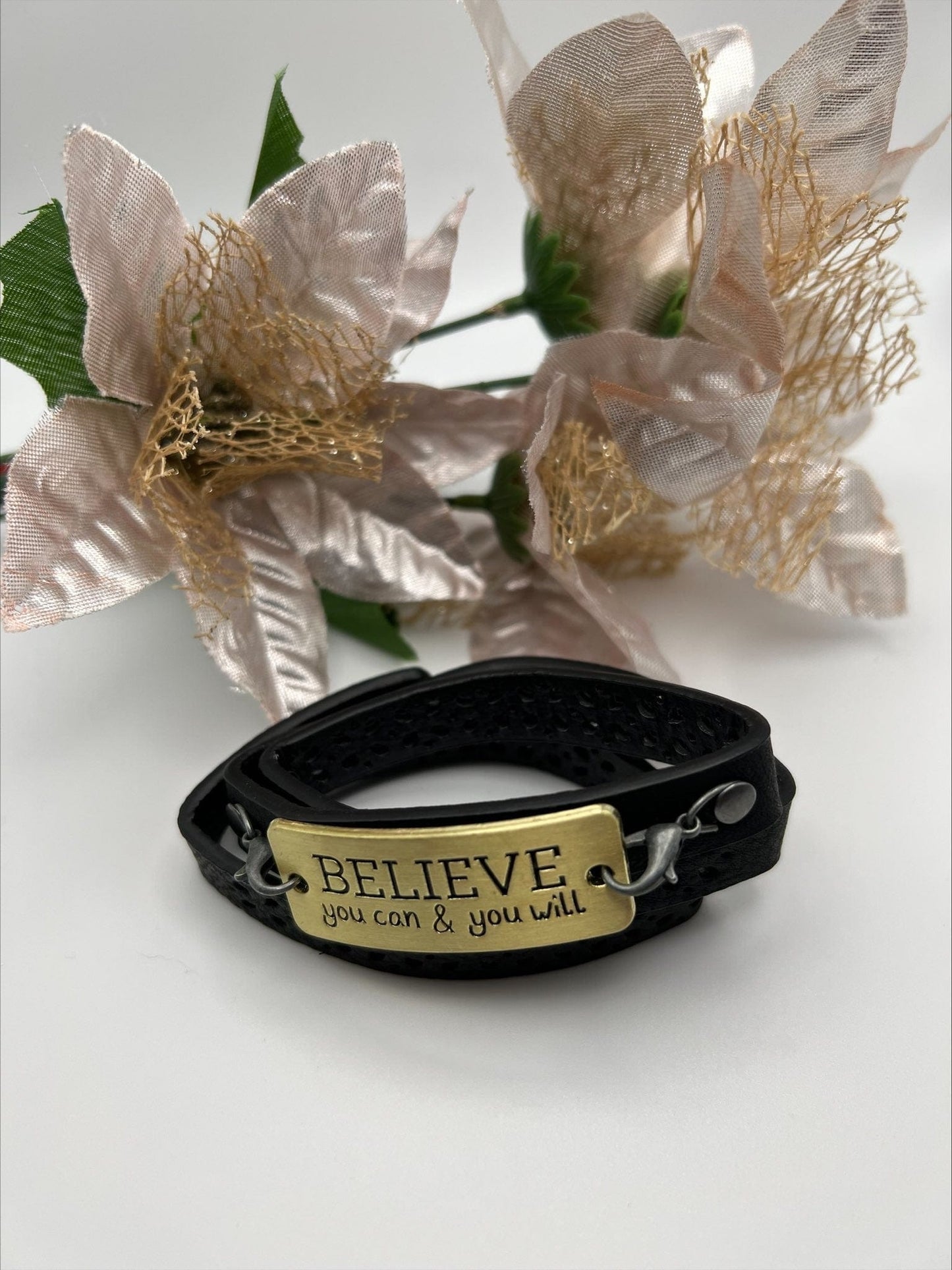 Michelle's Creatives Wrap Bracelet Black Faux Leather "Believe You Can and You Will" Wrap Bracelet 22" BLKWRAP-BELIEVE-BRACELET-22